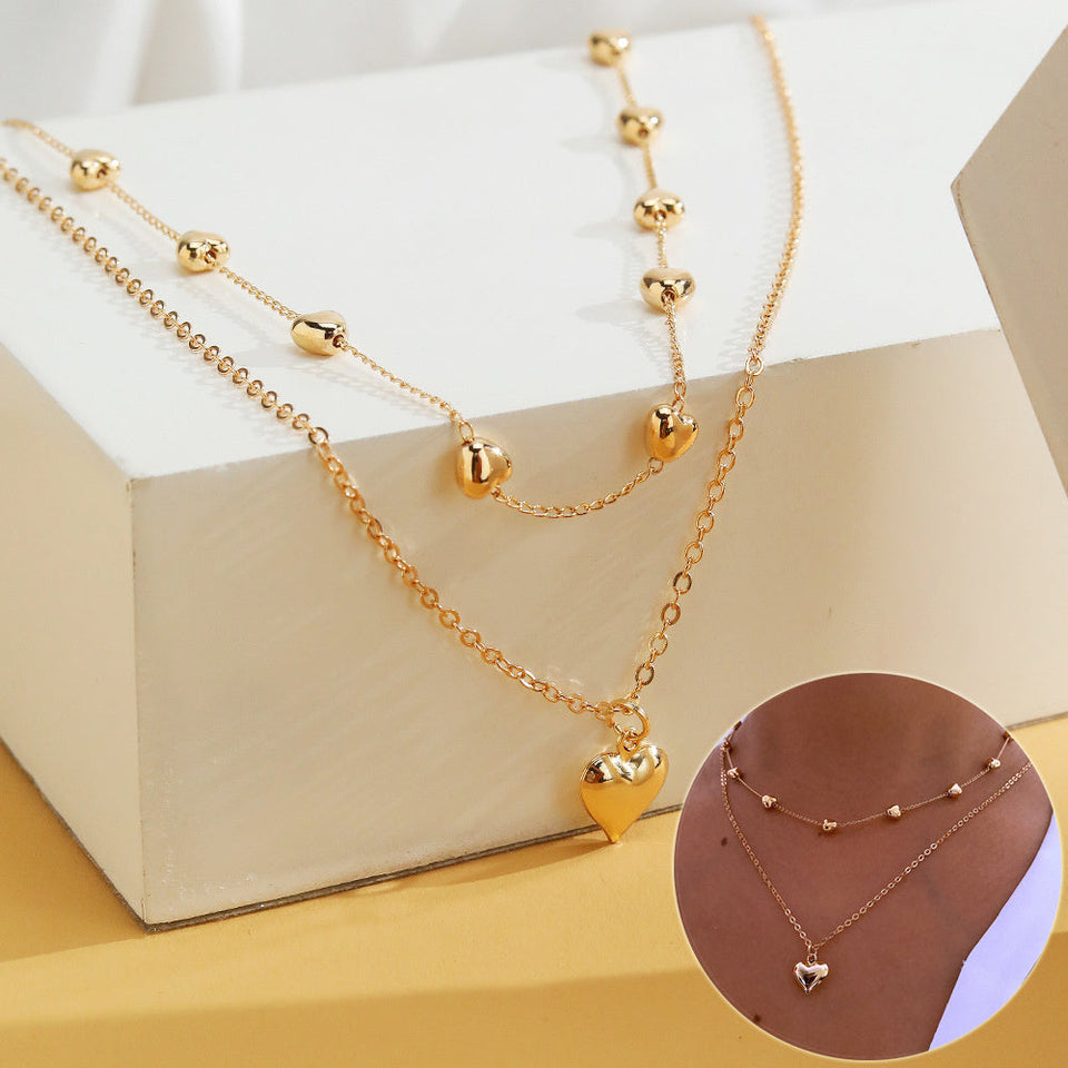 Double-layer Heart Pendant Fine Chain Necklace For Women Multilayer Gold Color Metal Necklaces Fashion Jewelry Accessories sariiholidaycouture