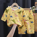 Baby Summer Cotton Silk Clothes featuring a dinosaur print outfit in yellow for toddlers.